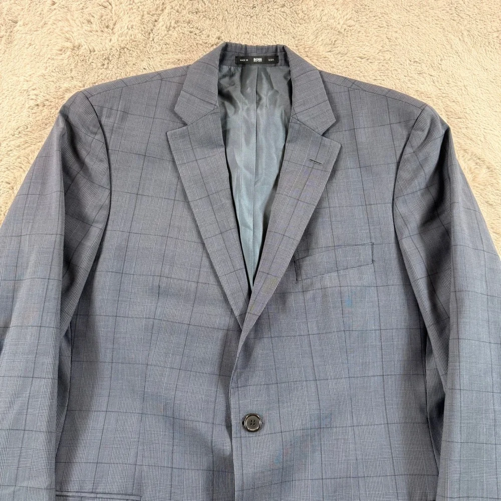 Hugo Boss Blue Plaid Paolini Movio‎ US Blazer Sport Coat Mens 42L Made in USA